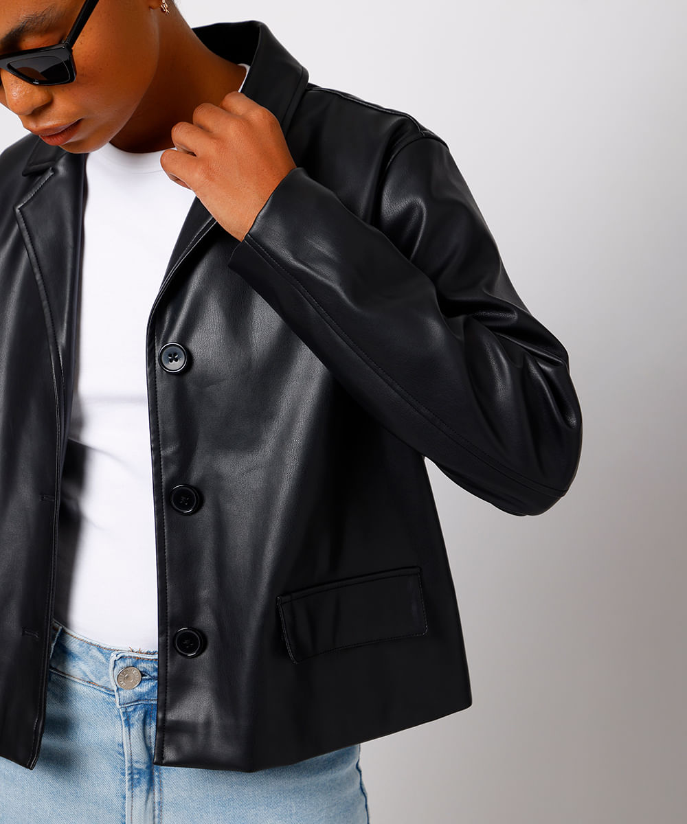 jaqueta cropped feminina de poliuretano mindset preta