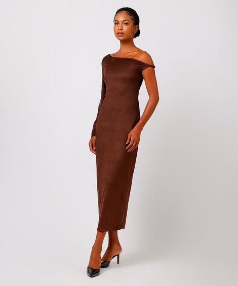 vestido longo feminino de suede com alça torcida mindset marrom