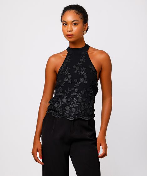 blusa feminina frente única floral preta