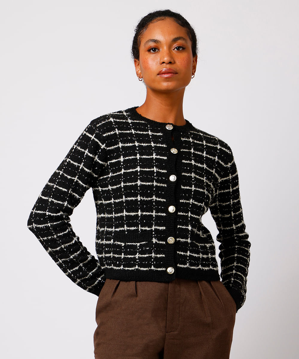 casaqueto feminino de tricot tweed quadriculado mindset preto