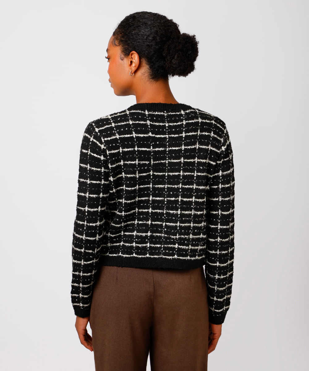 casaqueto feminino de tricot tweed quadriculado mindset preto