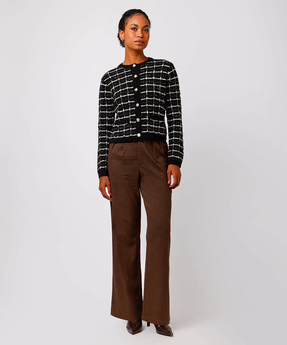 casaqueto feminino de tricot tweed quadriculado mindset preto