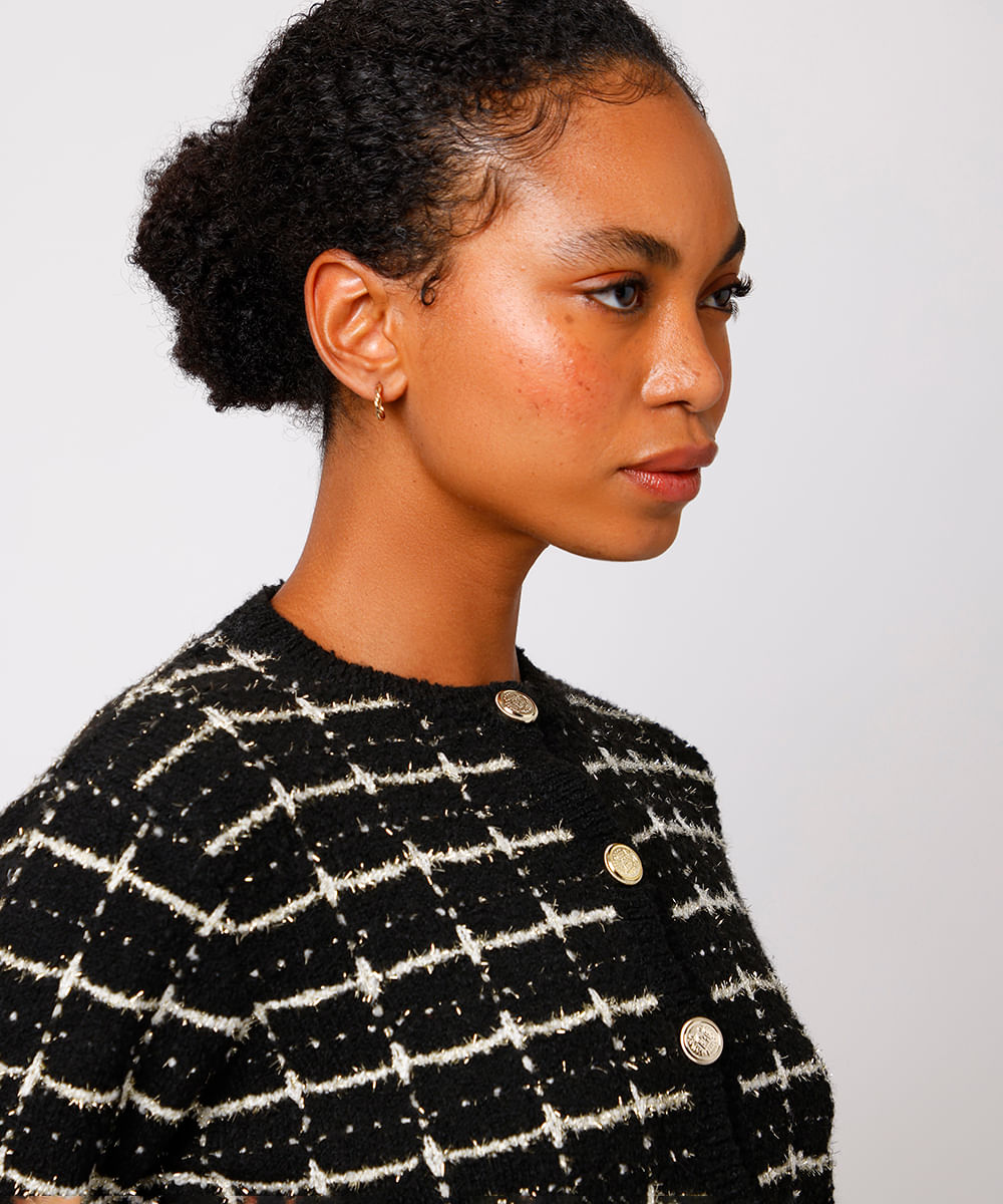 casaqueto feminino de tricot tweed quadriculado mindset preto