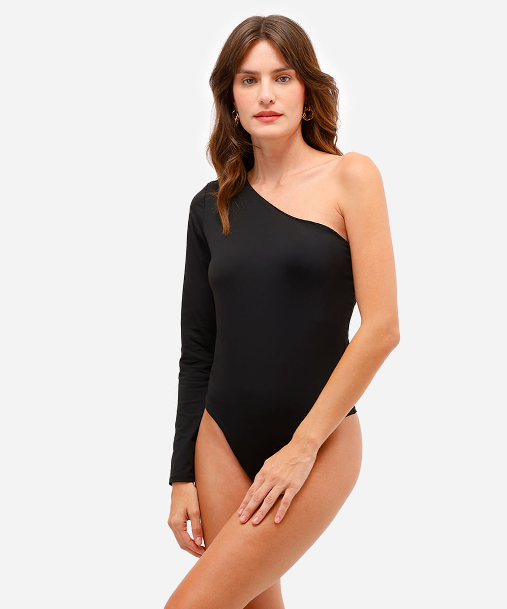 body ombro único feminino de poliamida preto