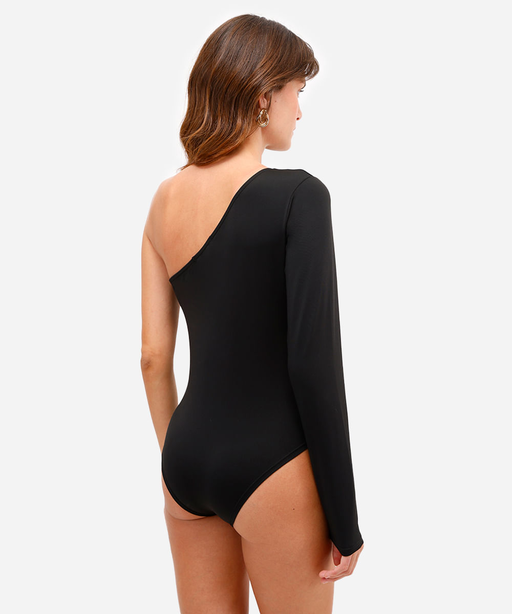 body ombro único feminino de poliamida preto