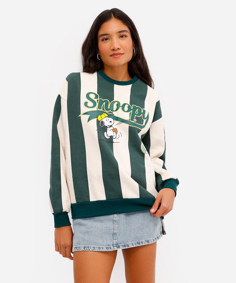 blusão feminino de moletom felpado snoopy listrado verde