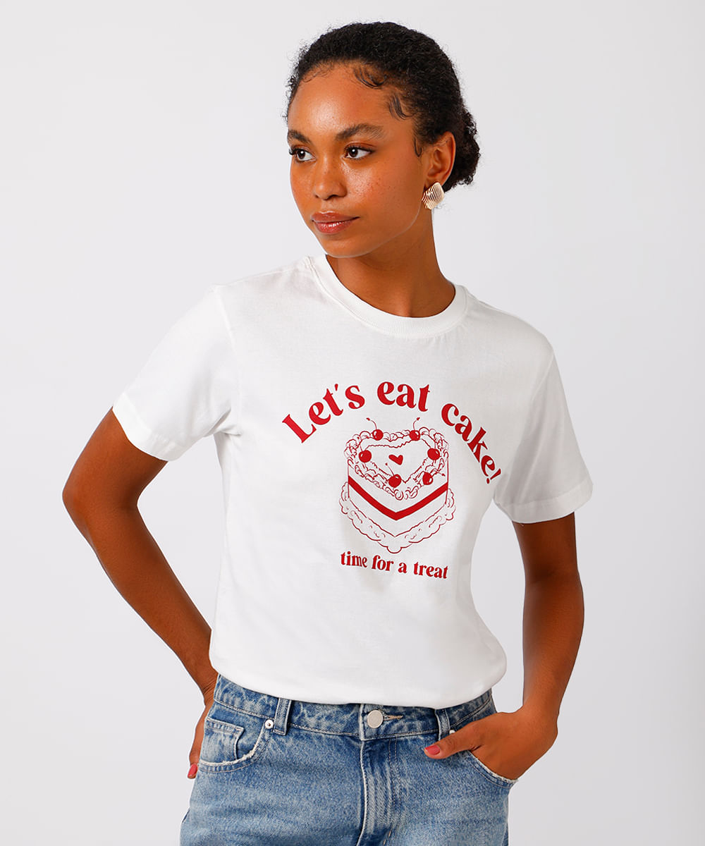 camiseta feminina de algodão lets eat cake mindset off white