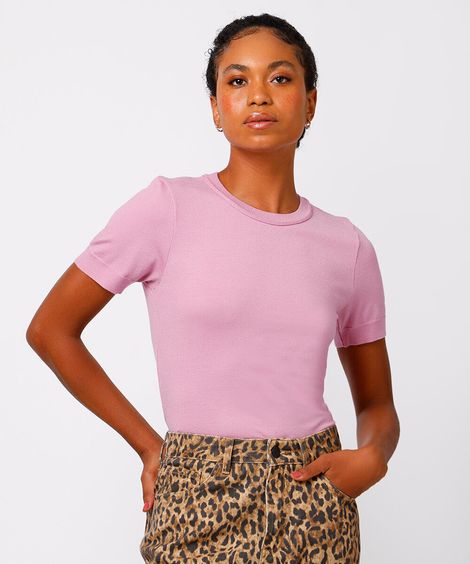blusa slim de tricot manga curta mindset rosa