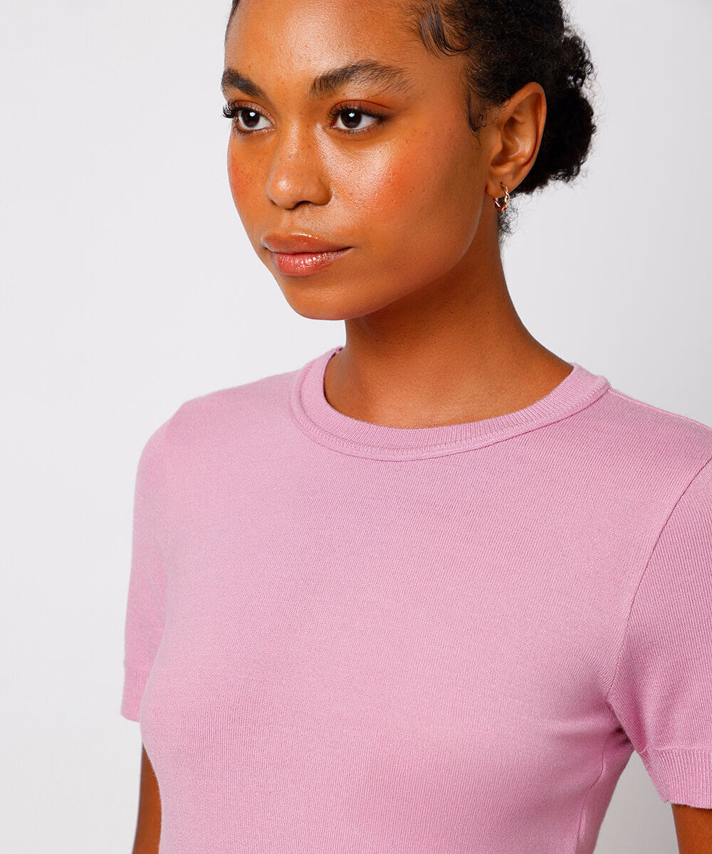 blusa slim de tricot manga curta mindset rosa