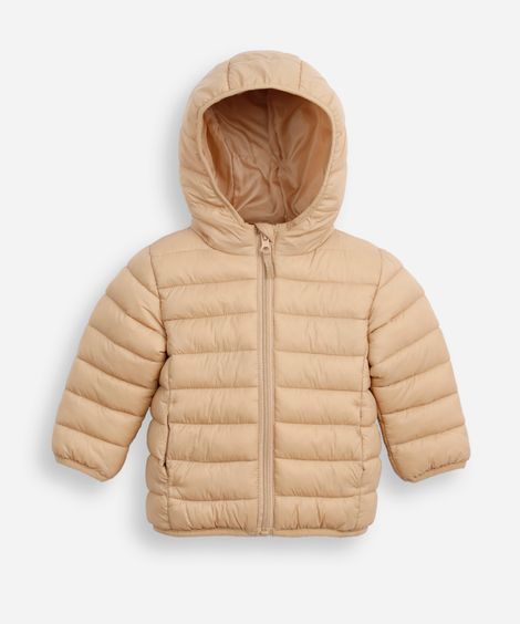 jaqueta puffer infantil com capuz bege