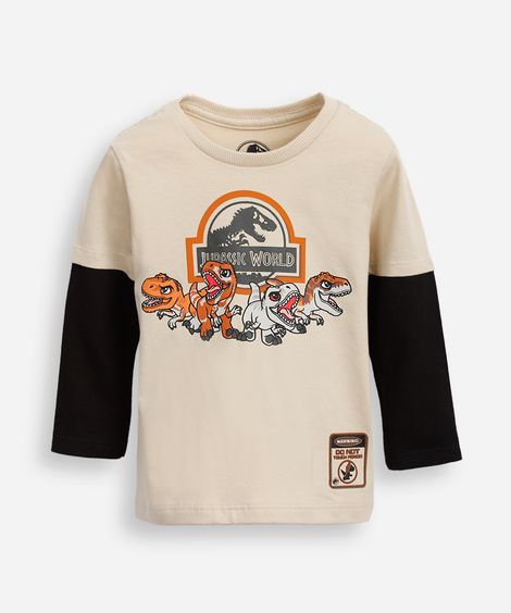 blusa de algodão infantil manga longa jurassic world bege