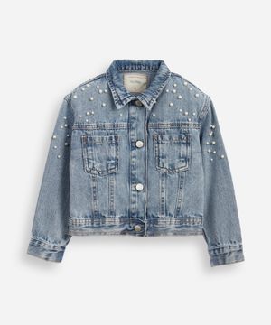 jaqueta jeans infantil com pérolas azul