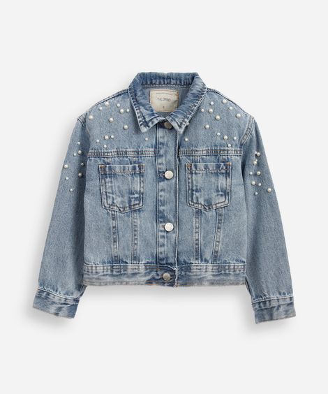 jaqueta jeans infantil com pérolas azul
