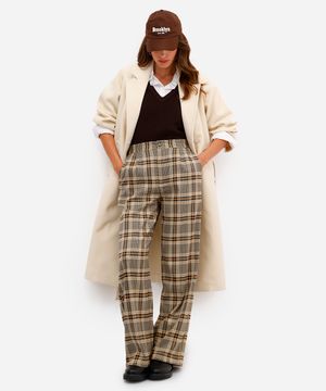 calça wide leg feminina xadrez cós elástico marrom