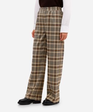 calça wide leg feminina xadrez cós elástico marrom