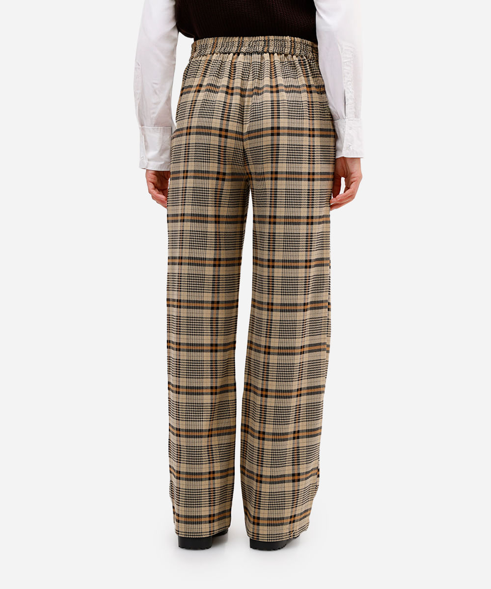 calça wide leg feminina xadrez cós elástico marrom