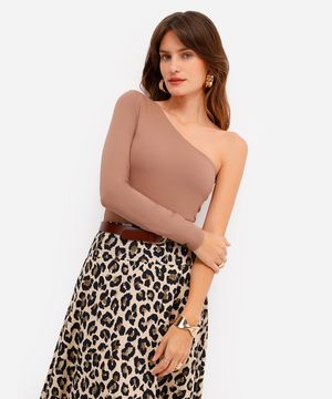 body ombro único feminino de poliamida marrom