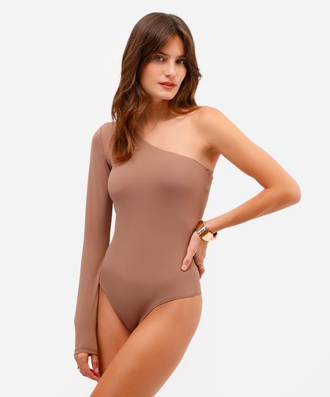 body ombro único feminino de poliamida marrom