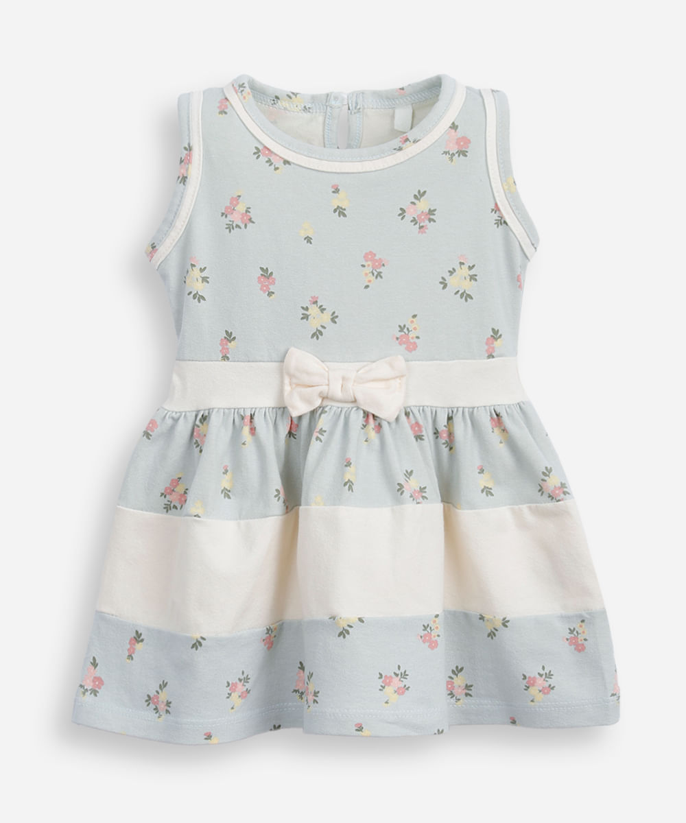 vestido infantil de algodão com recortes e laço azul