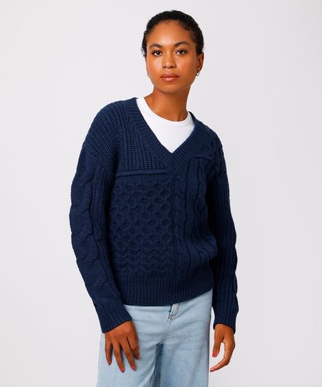 suéter feminino de tricot decote v texturizado mindset azul