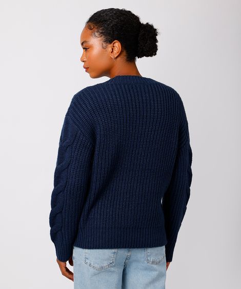 suéter feminino de tricot decote v texturizado mindset azul