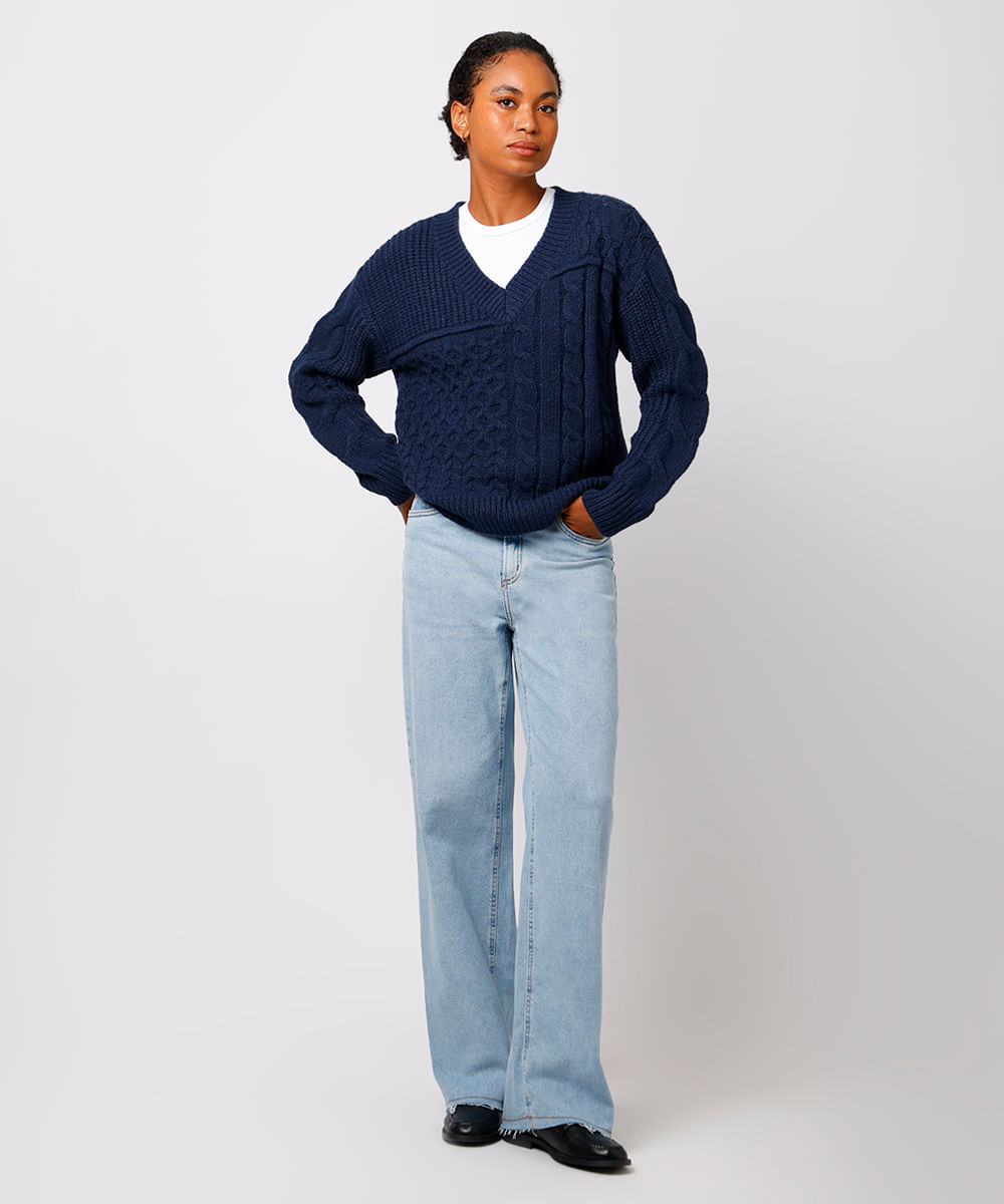 suéter feminino de tricot decote v texturizado mindset azul