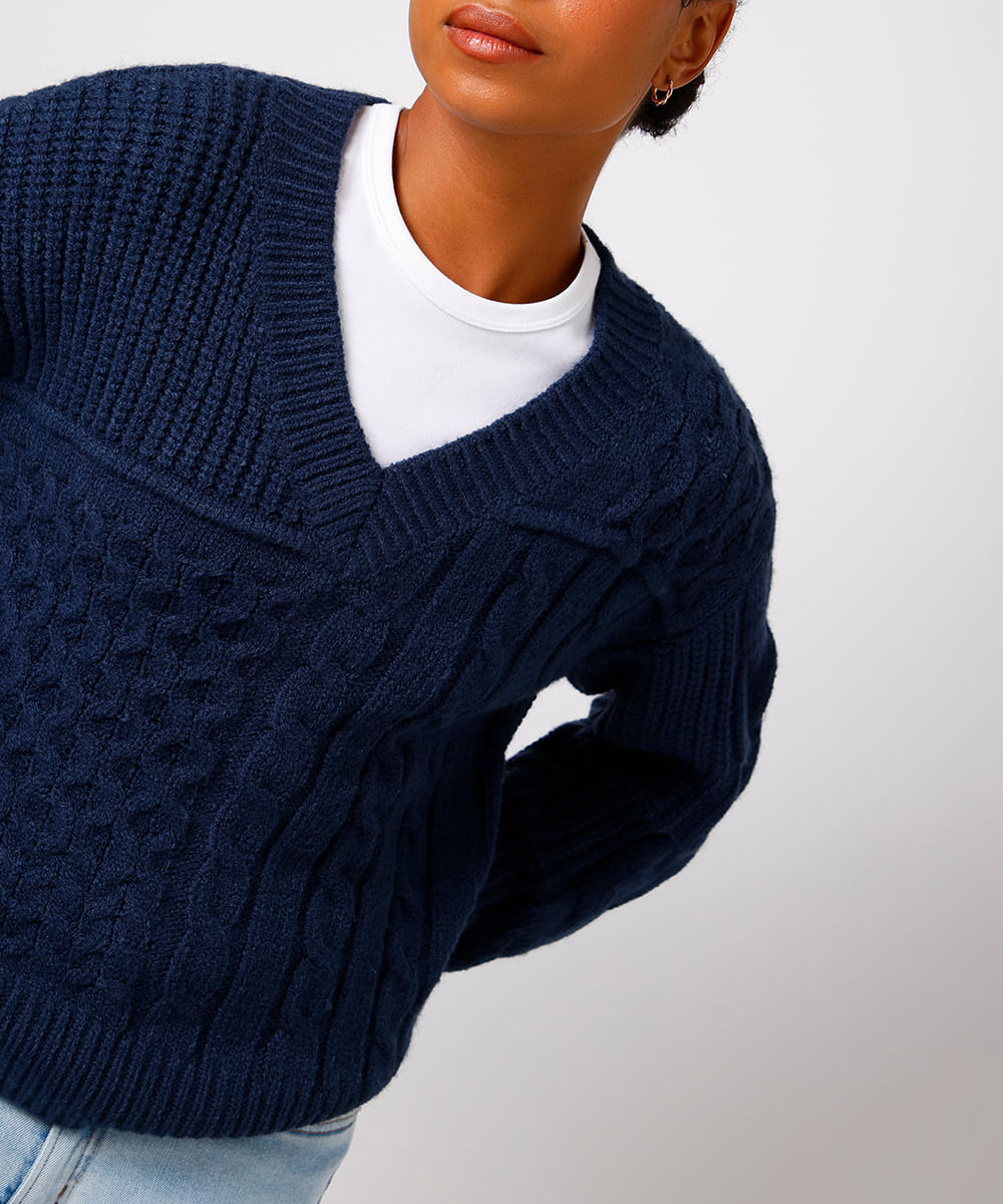 suéter feminino de tricot decote v texturizado mindset azul