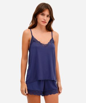 pijama short doll feminino de viscose com renda azul