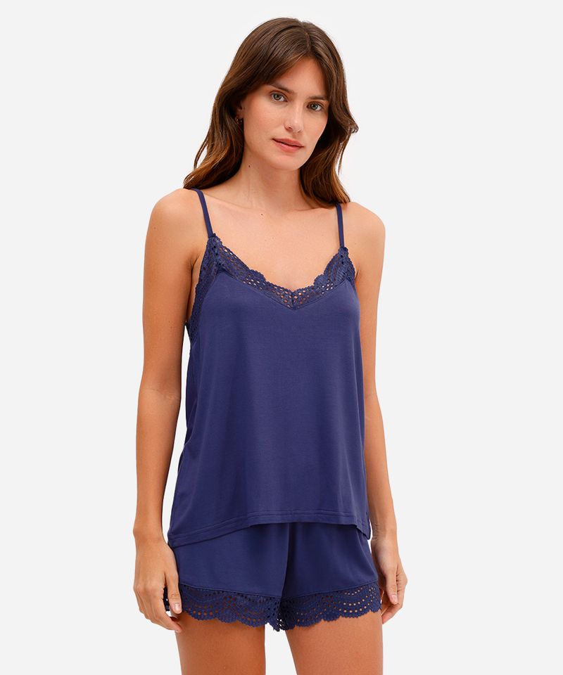 pijama short doll feminino de viscose com renda azul