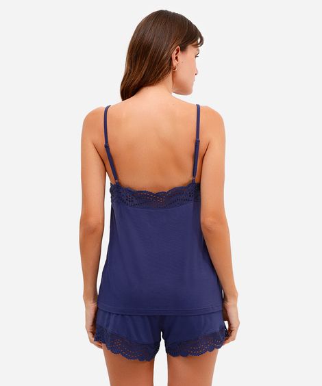 pijama short doll feminino de viscose com renda azul