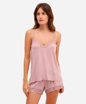 pijama short doll feminino de viscose com renda rosa