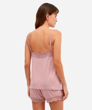 pijama short doll feminino de viscose com renda rosa