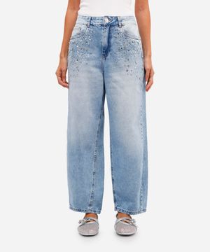 calça baggy feminina jeans com brilhos azul