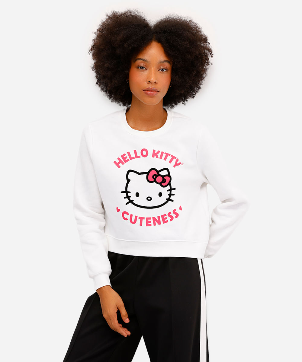 blusão cropped feminino de moletom felpado hello kitty off white