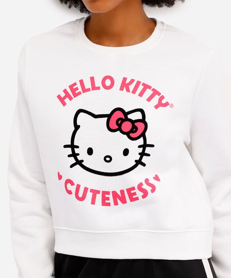 blusão cropped feminino de moletom felpado hello kitty off white