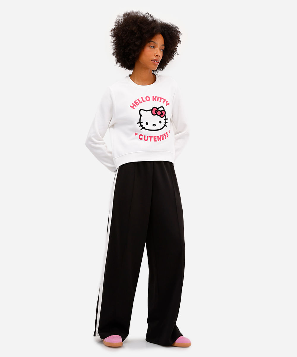 blusão cropped feminino de moletom felpado hello kitty off white