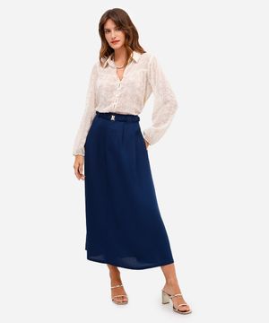 saia midi evasê feminina com linho azul