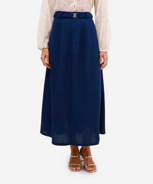 saia midi evasê feminina com linho azul