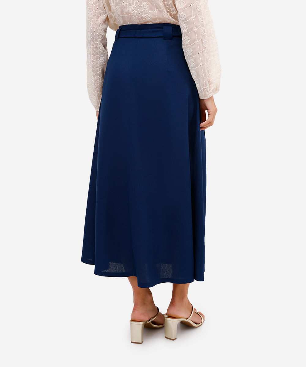 saia midi evasê feminina com linho azul