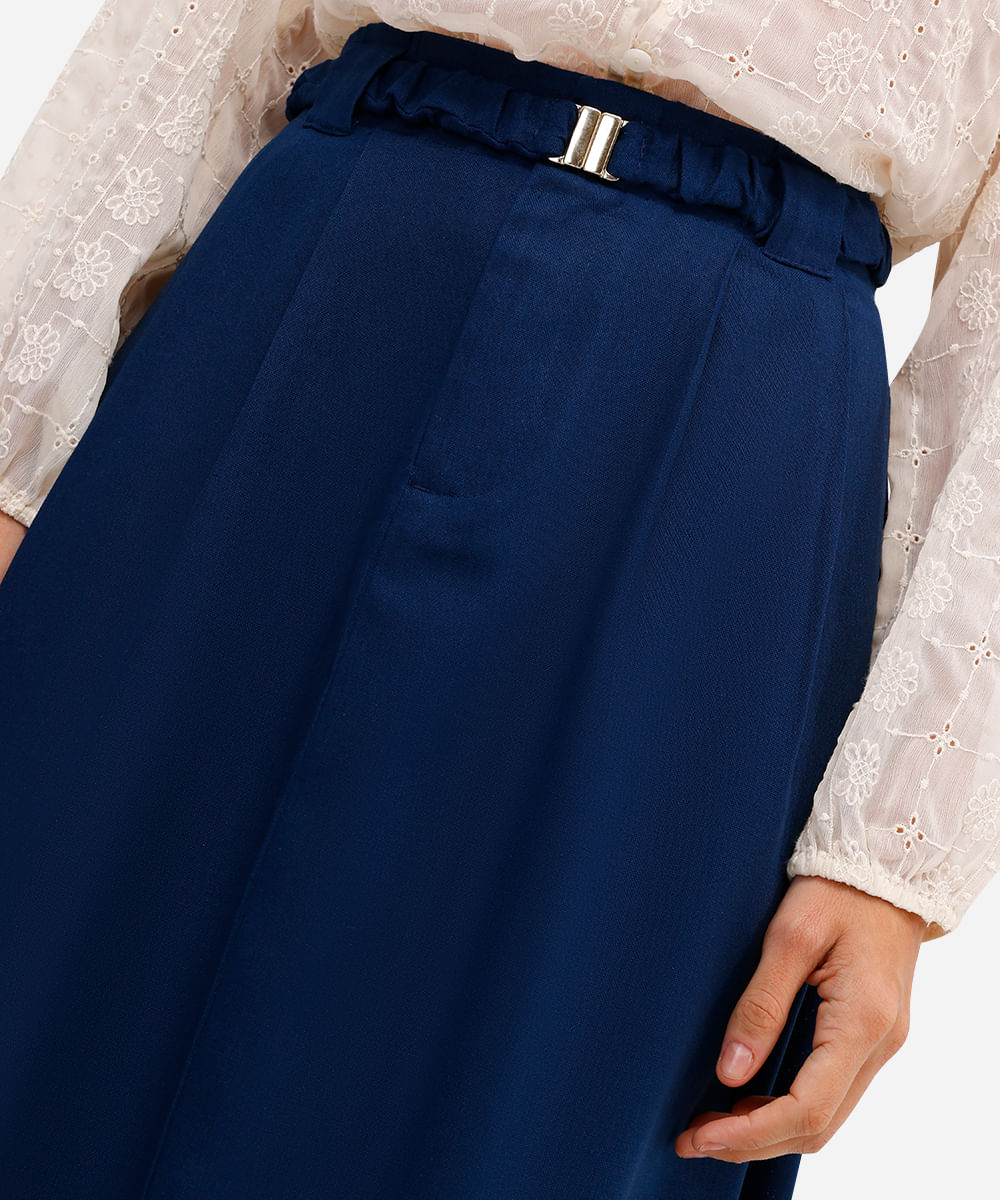saia midi evasê feminina com linho azul
