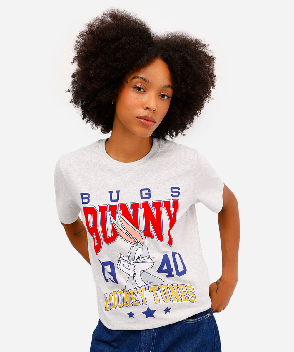 camiseta feminina de algodão looney tunes cinza