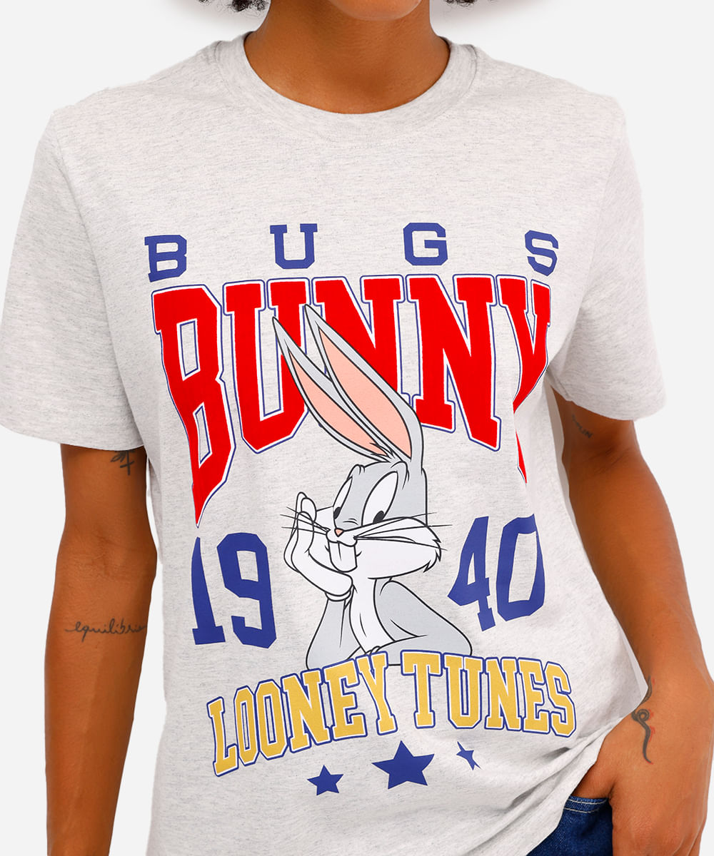 camiseta feminina de algodão looney tunes cinza