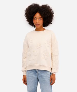 blusão oversized feminino de moletom felpado floral bege