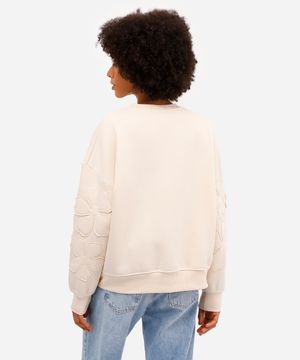 blusão oversized feminino de moletom felpado floral bege