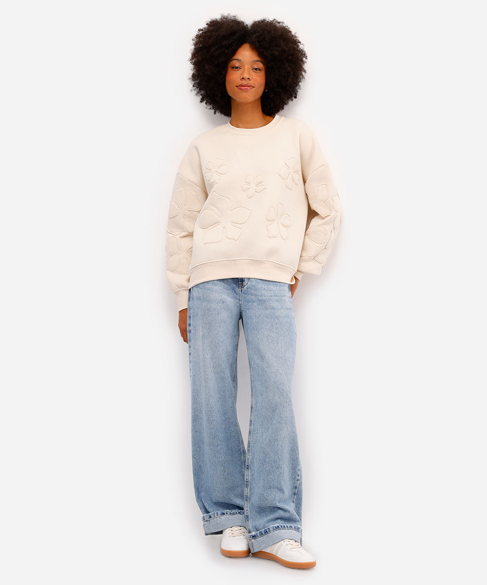 blusão oversized feminino de moletom felpado floral bege