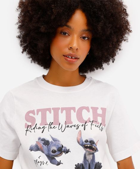 camiseta feminina de algodão manga curta stitch off white