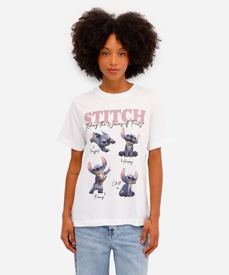 camiseta feminina de algodão manga curta stitch off white