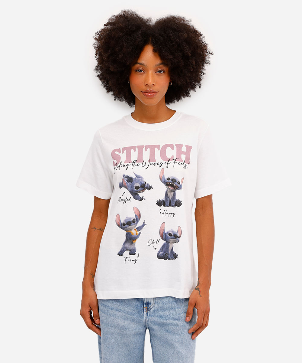 camiseta feminina de algodão manga curta stitch off white
