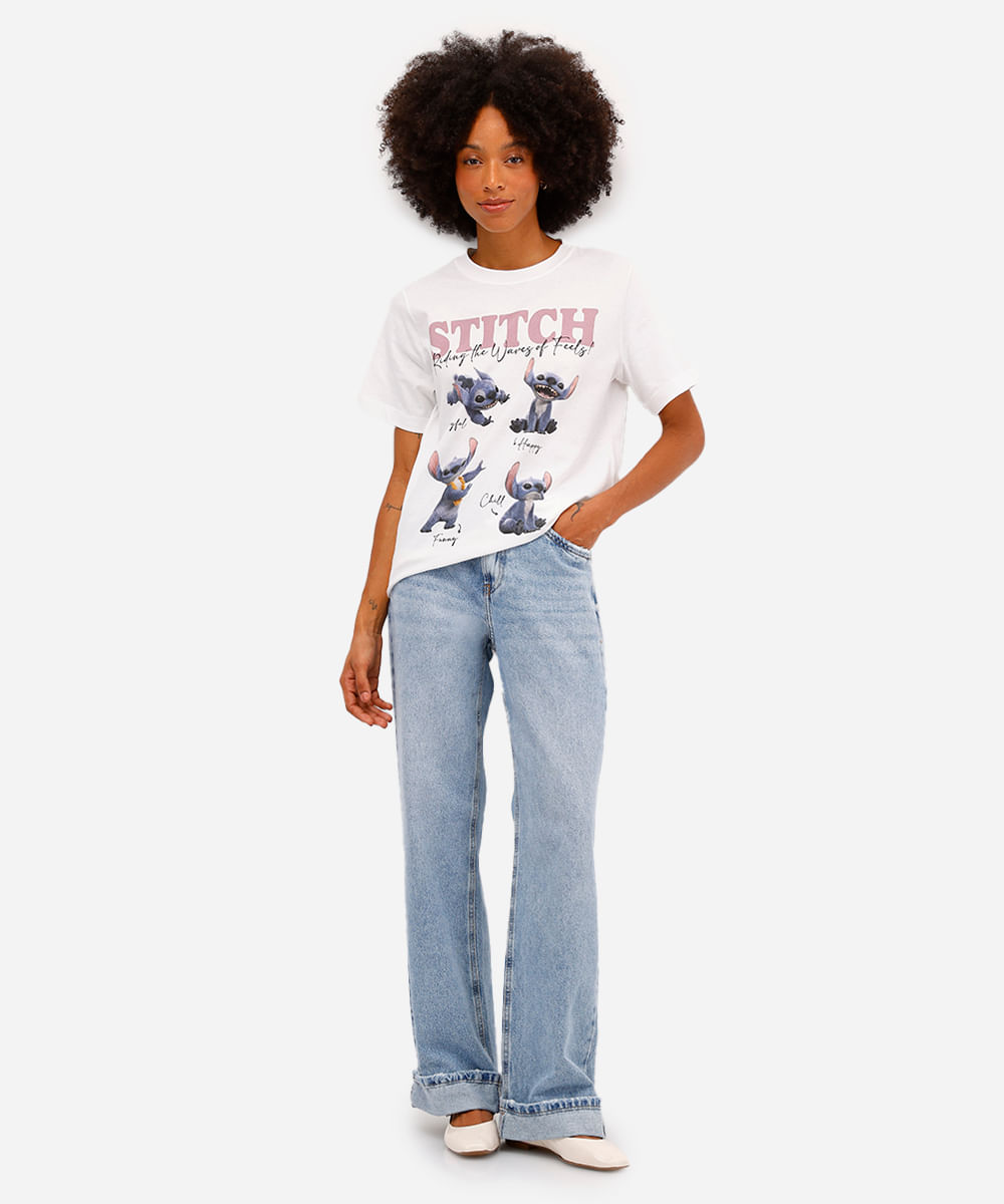 camiseta feminina de algodão manga curta stitch off white