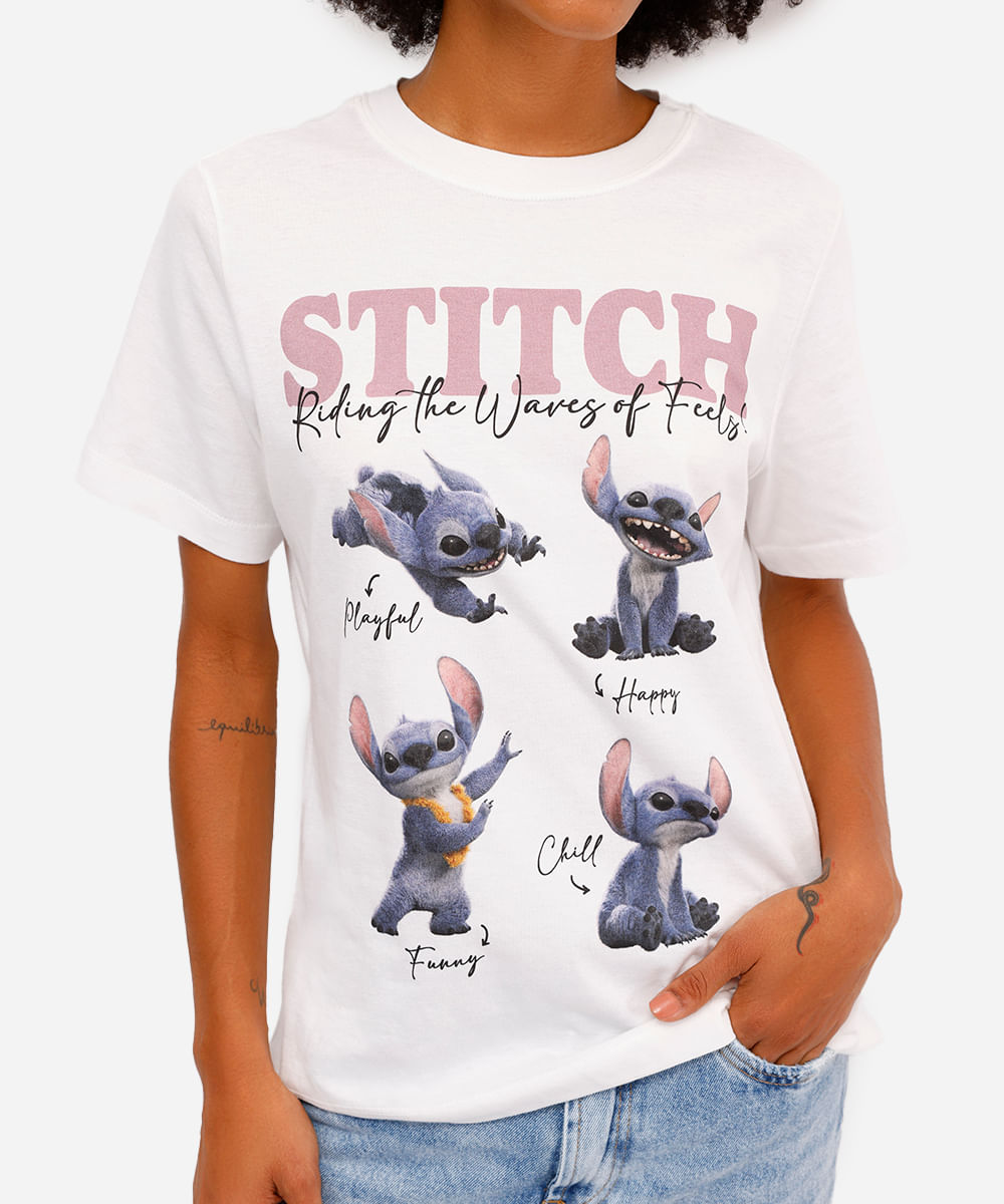 camiseta feminina de algodão manga curta stitch off white